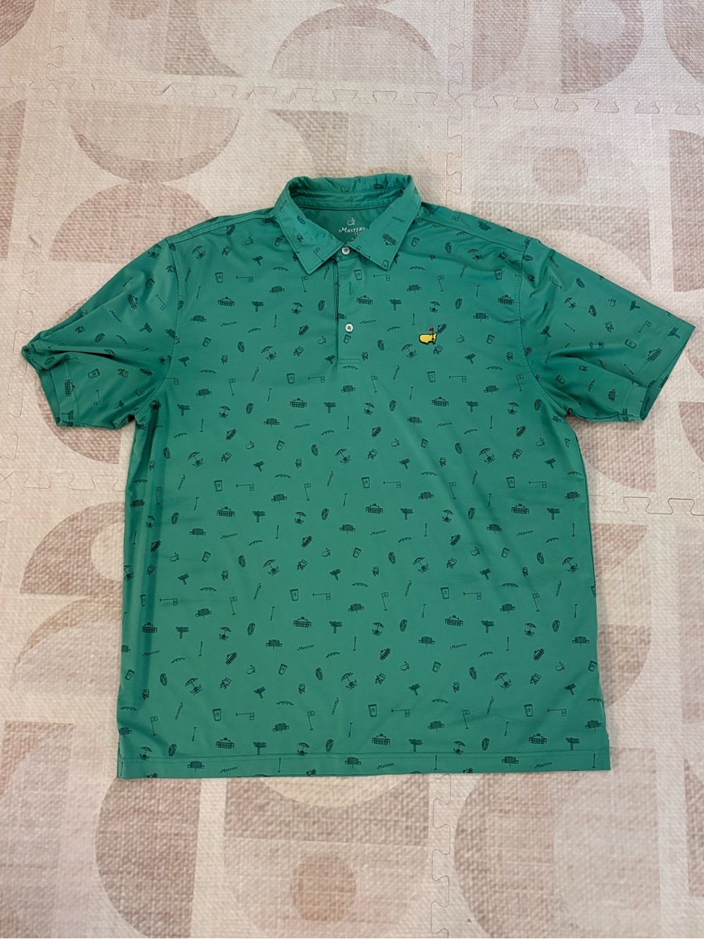 Masters Green Golf Polo featuring mini concessions, signs, and golf clubs